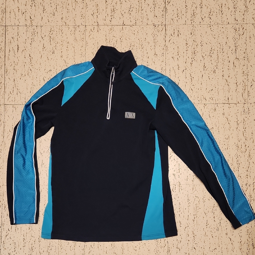 Armani Exchange Blue 1/4 Zip Up Collared Long Sleeve Spellout Logo Shirt